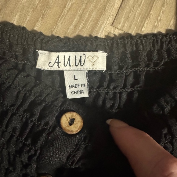 AUW SMOCKED BODICE BLACK FLARE HEM MAXI DRESS BOHO CHIC LARGE - Picture 15 of 15